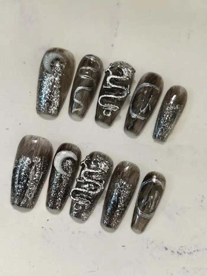 ناخن مصنوعی راسا مدل مشکی طوسی طرح مار و ماه دارک کد RSR595 - Image 7