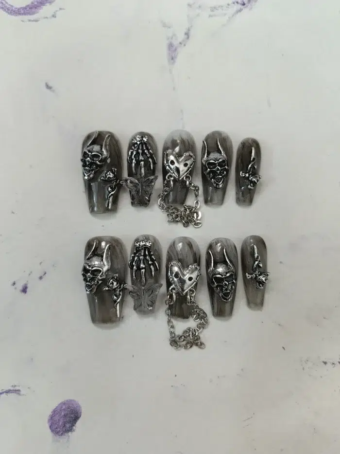 ناخن مصنوعی راسا مدل مشکی طوسی طرح اسکلت و قلب زنجیردار دارک کد RSR1075 - Image 7