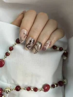 ناخن مصنوعی کوتاه راسا طرح انیمه اژدهای چینی رنگ هلویی زرشکی قد متوسط