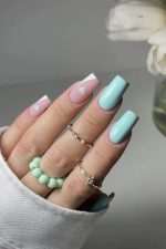 ناخن مصنوعی راسا طرح قلب و فرنچ کج رنگ سبز آبی پاستیلی