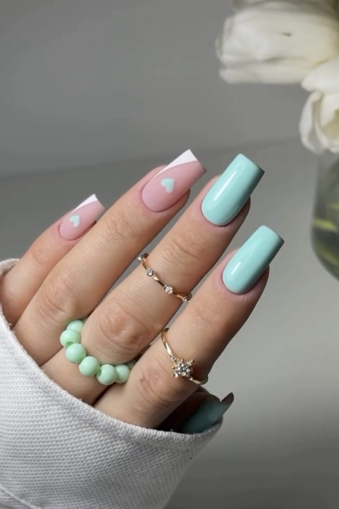 ناخن مصنوعی راسا طرح قلب و فرنچ کج رنگ سبز آبی پاستیلی