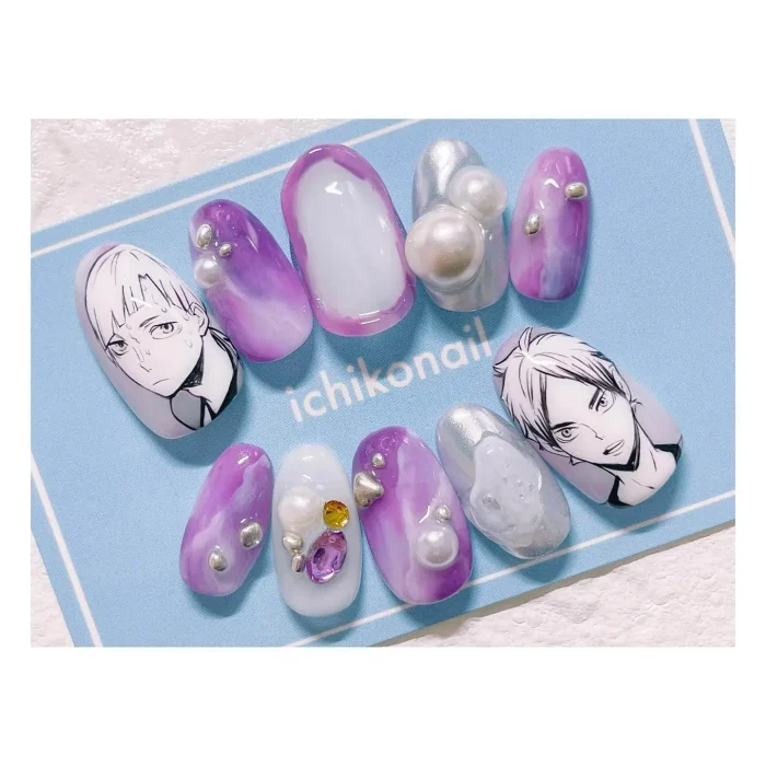 ناخن مصنوعی راسا طرح انیمه و ماربل رنگ بنفش و شیری RSH01