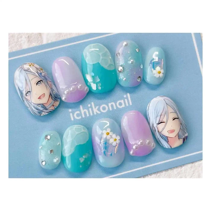 ناخن مصنوعی راسا طرح انیمه دختر و گل رنگ سبز آبی و یاسی RSH02