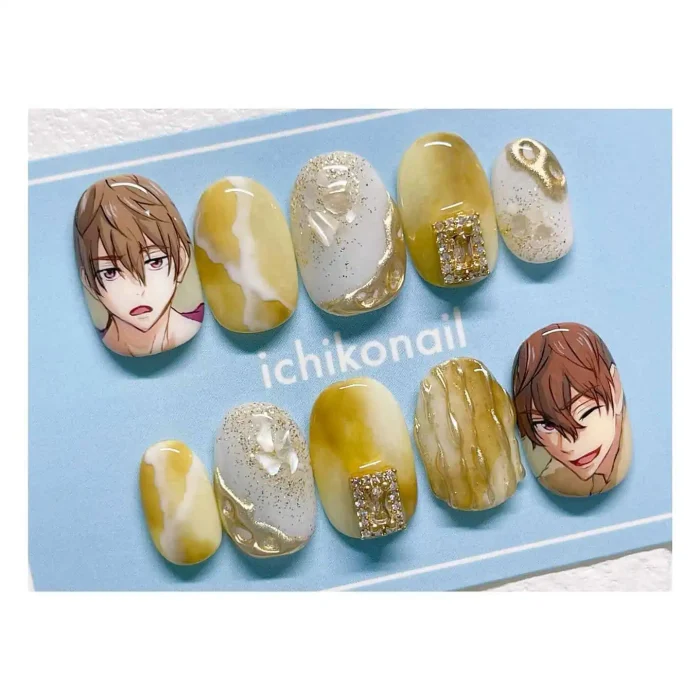 ناخن مصنوعی راسا طرح انیمه چهره و ماربل رنگ زرد خردلی RSH06