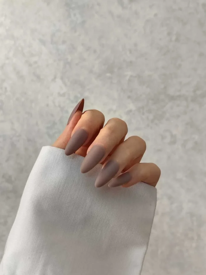 ناخن مصنوعی رنگی ساده راسا رنگ قهوه ای طوسی فرم بادامی مات