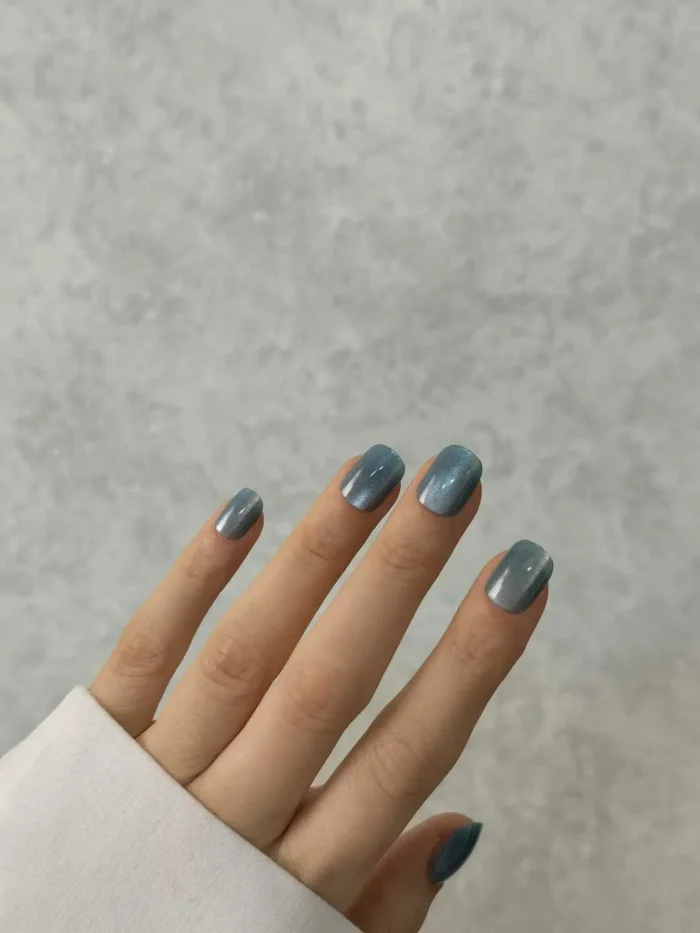 ناخن مصنوعی راسا مدل آبی نقره ای کهکشانی فرم مربع گرد کوتاه کد RSK1020