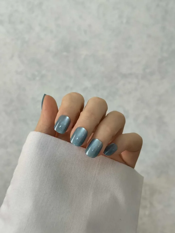 ناخن مصنوعی راسا مدل آبی نقره ای کهکشانی فرم مربع گرد کوتاه کد RSK1020