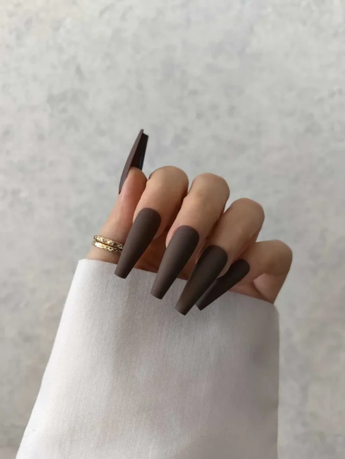 ناخن مصنوعی رنگی ساده راسا رنگ قهوه ای تیره گلدانی بلند مات