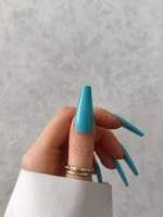 ناخن مصنوعی رنگی ساده راسا رنگ آبی پاستیلی گلدانی بلند براق