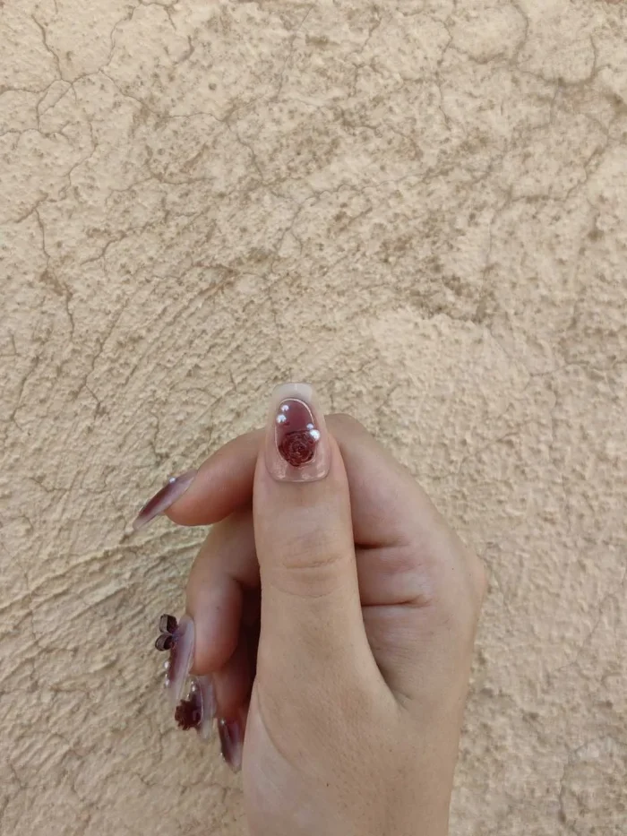 ناخن مصنوعی راسا رنگ زرشکی هلویی بیبی بومر طرح گل و پروانه RSR632