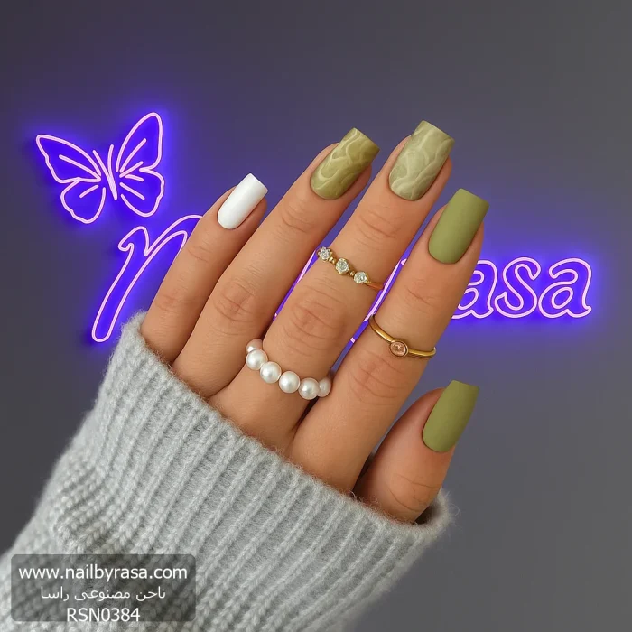 ناخن مصنوعی راسا طرح ماربل کامل رنگ سبز و سفید فرم مربع