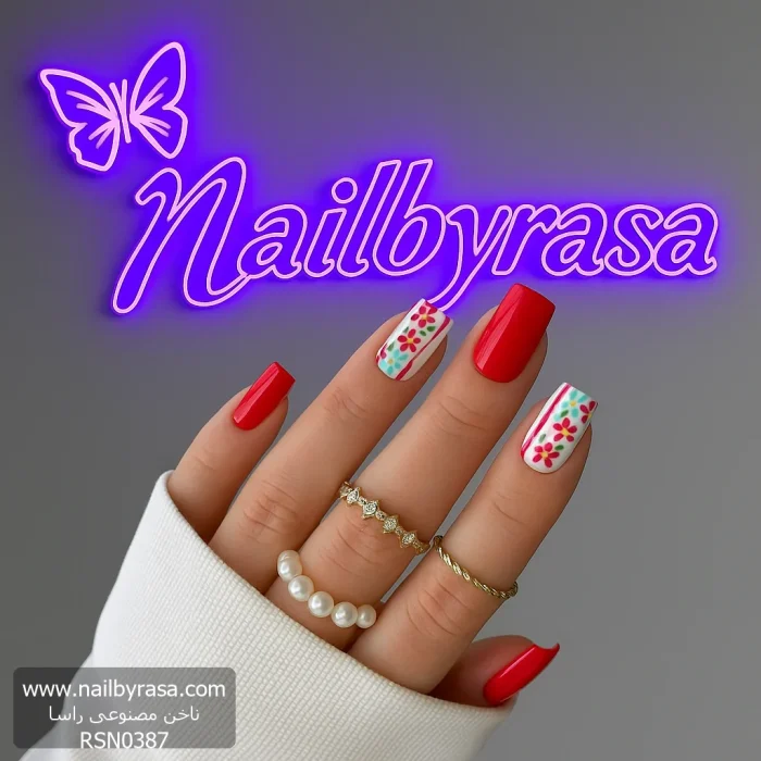 ناخن مصنوعی راسا طرح گل سنتی رنگ قرمز و هلویی فرم مربع