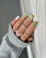 ناخن مصنوعی راسا طرح ماربل کامل رنگ سبز و سفید فرم مربع