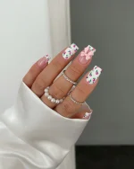 ناخن مصنوعی راسا طرح گل رز و فرنچ و پاپیون رنگ سفید و صورتی فرم مربع