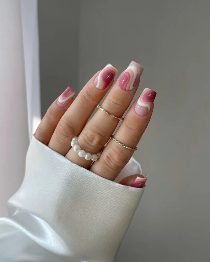 ناخن مصنوعی راسا طرح ماربل لایه ای رنگ سفید کالباسی فرم مربع RSH14