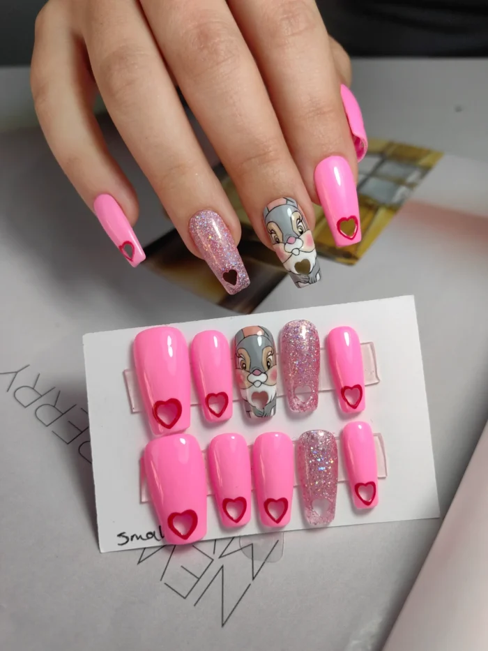 ناخن مصنوعی ژله ای راسا طرح خرگوش و قلب رنگ صورتی