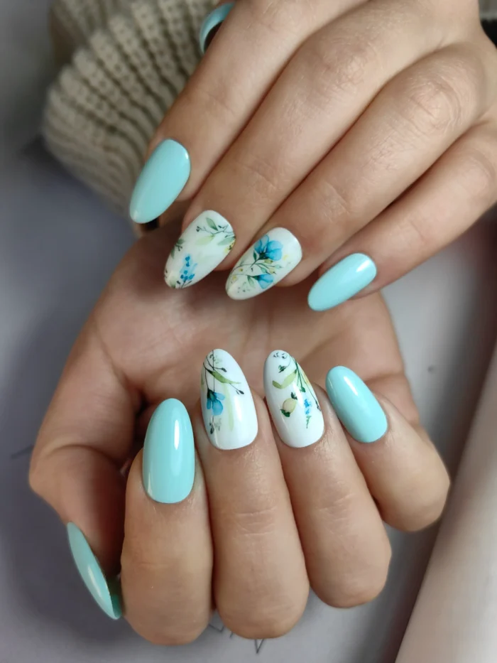 ناخن مصنوعی راسا طرح گل آبرنگی رنگ آبی پاستیلی