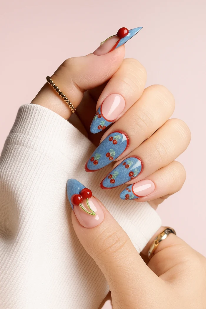ناخن مصنوعي راسا طرح آلبالو رنگ قرمز و آبی