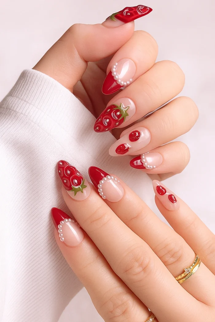 ناخن مصنوعي راسا طره توت فرنگی و فرنچ رنگی قرمز