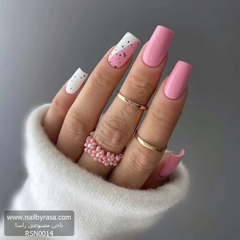 عکس ناخن مصنوعی طرح خالدار تخم بلدرچینی رنگ صورتی و سفید فرم مربعی مدل RSN0014 برند راسا