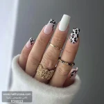 عکس ناخن مصنوعی طرح پلنگی کلاسیک و فرنچ پلنگی با رنگ سفید و نود براق فرم مربعی بلند مدل RSN0019 برند راسا