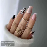 عکس ناخن مصنوعی طرح میکس و مچ پلنگی و مشکی و فرنچ سفید با شاین نقره ای فرم مربعی بلند مدل RSN0026 برند راسا