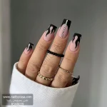 عکس ناخن مصنوعی طرح شعله آتش مشکی و فرنچ با خط نگین نقره ای مات فرم مربعی بلند مدل RSN0039 برند راسا