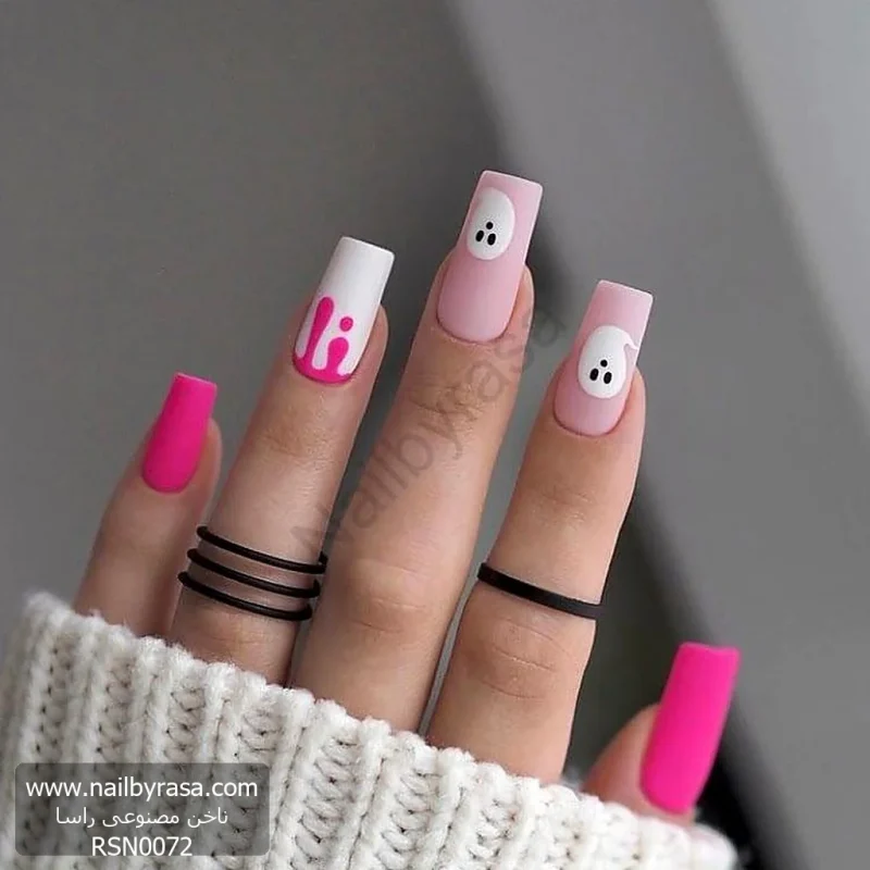 عکس ناخن مصنوعی طرح روح سفید بامزه و ریزش رنگ اسلایم صورتی نئون مات فرم مربعی بلند مدل RSN0072 برند راسا