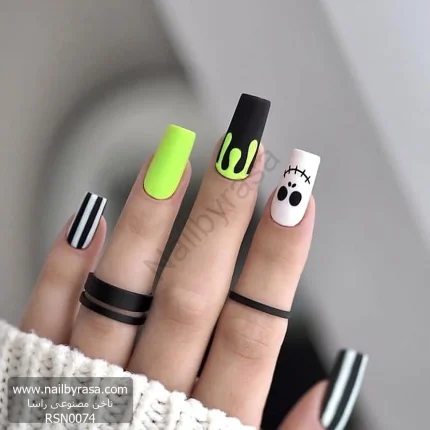 عکس ناخن مصنوعی طرح هالووین اسلایم سبز نئون و خطوط راه راه بیتل جوس با صورت بخیه ای جک اسکلینگتون مات فرم مربعی بلند مدل RSN0074 برند راسا