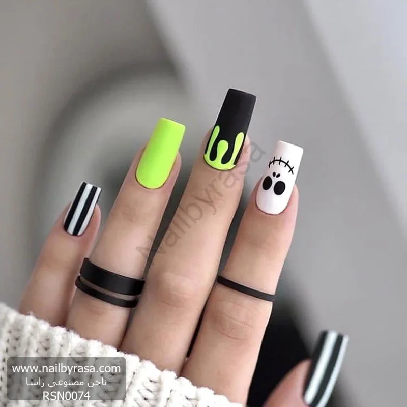 عکس ناخن مصنوعی طرح هالووین اسلایم سبز نئون و خطوط راه راه بیتل جوس با صورت بخیه ای جک اسکلینگتون مات فرم مربعی بلند مدل RSN0074 برند راسا