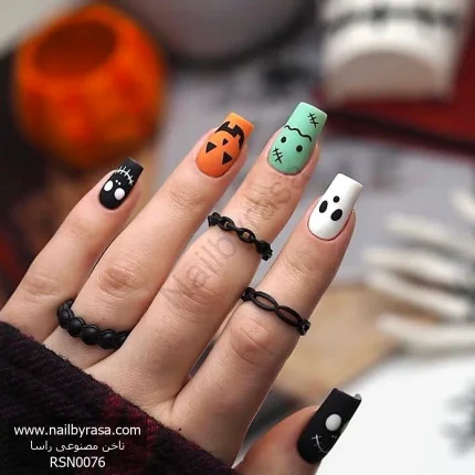 عکس ناخن مصنوعی طرح هالووین کدو تنبل نارنجی صورت فرانکنشتاین سبز و روح سفید مات فرم مربعی بلند مدل RSN0076 برند راسا