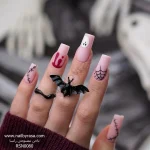 عکس ناخن مصنوعی طرح هالووین میکس روح سفید تار عنکبوت مشکی و خون قرمز روی زمینه صورتی مات فرم مربعی بلند مدل RSN0080 برند راسا