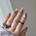 ناخن مصنوعی طرح تار عنکبوت و امواج صورتی مشکی براق مربعی بلند راسا - RSN0086