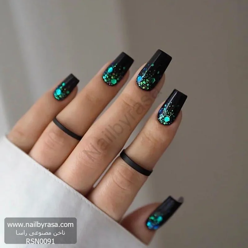 ناخن مصنوعی مشکی براق طرح کهکشانی اکلیل سبز و آبی مربعی بلند راسا - RSN0091