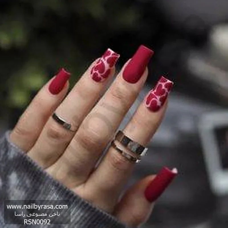ناخن مصنوعی طرح قلب و زرشکی مات مربعی بلند راسا - RSN0092
