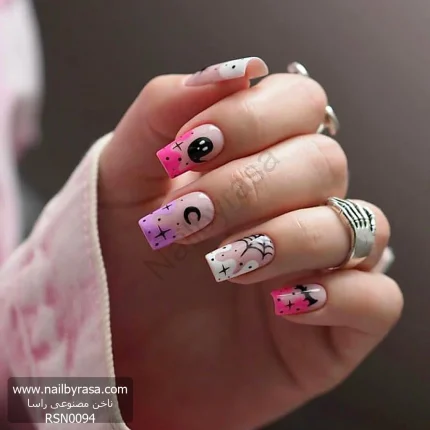 ناخن مصنوعی طرح هالووین فانتزی فرنچ رنگی (خفاش و ماه) براق مربعی راسا - RSN0094