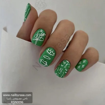 ناخن مصنوعی طرح لاین آرت و صورت انتزاعی سبز و سفید براق مربعی کوتاه راسا - RSN0096