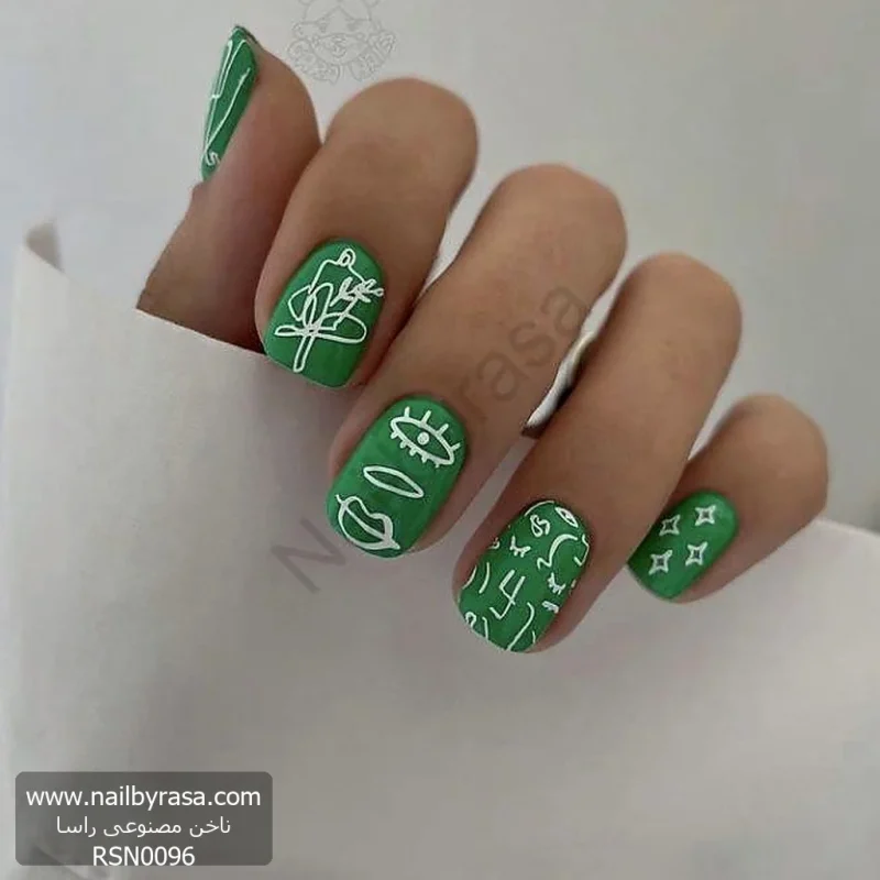 ناخن مصنوعی طرح لاین آرت و صورت انتزاعی سبز و سفید براق مربعی کوتاه راسا - RSN0096