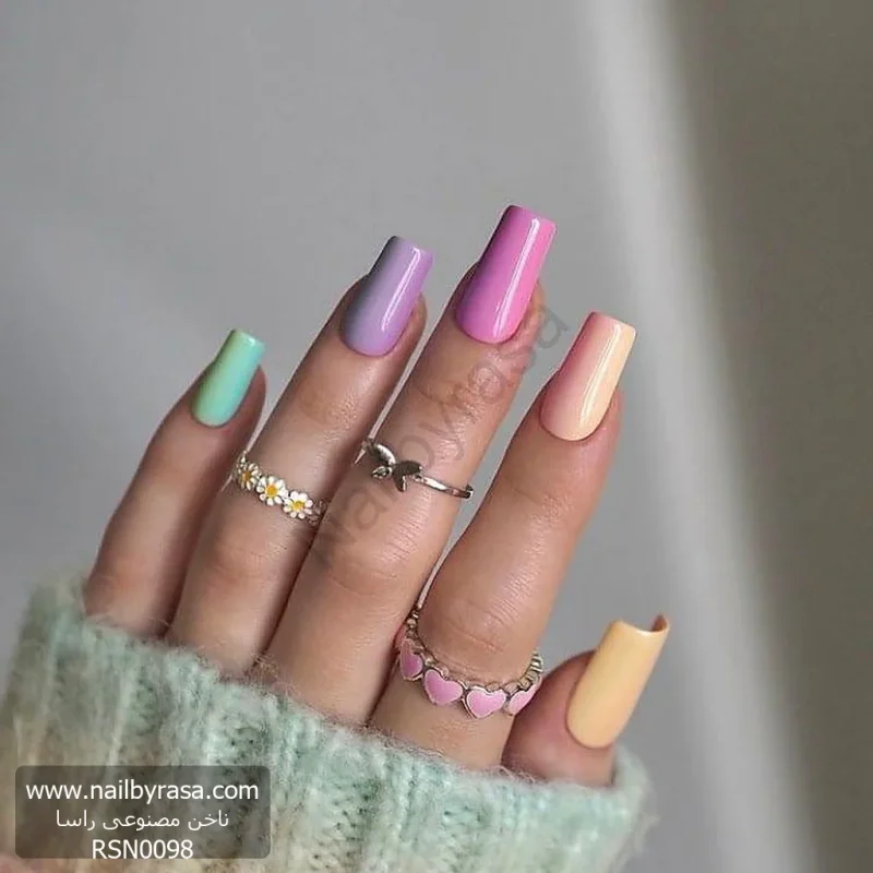 ناخن مصنوعی چندرنگ پاستلی براق (اسکیتل) مربعی بلند راسا - RSN0098
