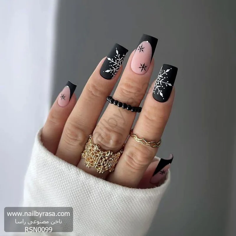 ناخن مصنوعی طرح برف و فرنچ مشکی نود مات مربعی بلند راسا - RSN0099