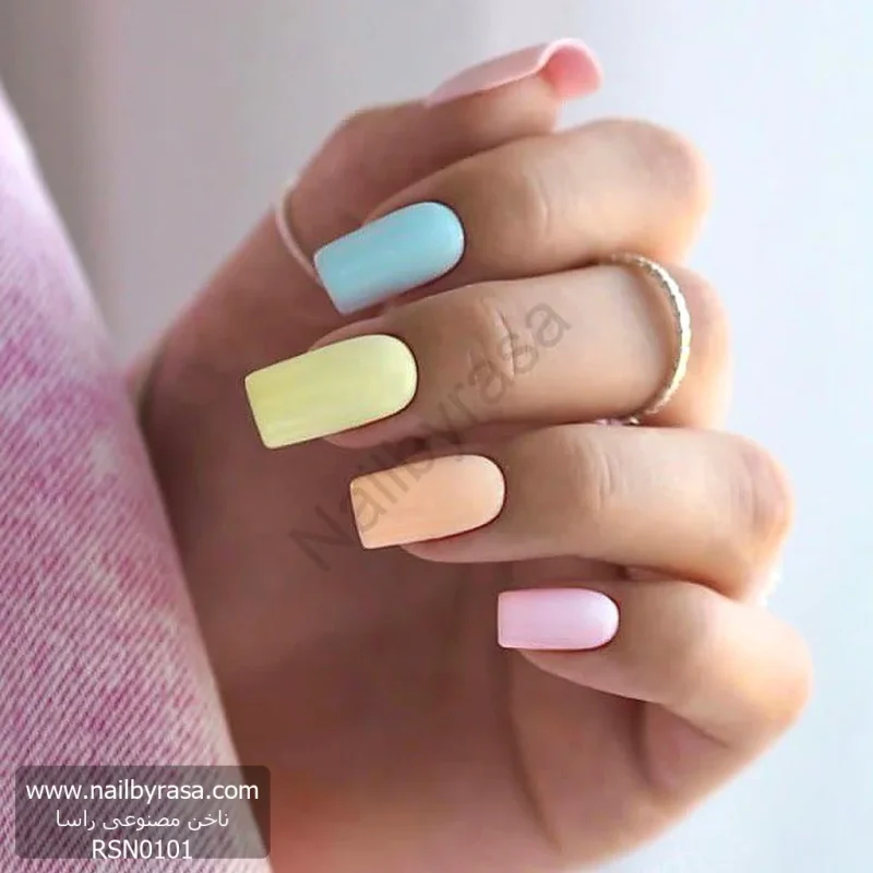 ناخن مصنوعی چندرنگ پاستلی شیری ساده و براق مربعی راسا - RSN0101