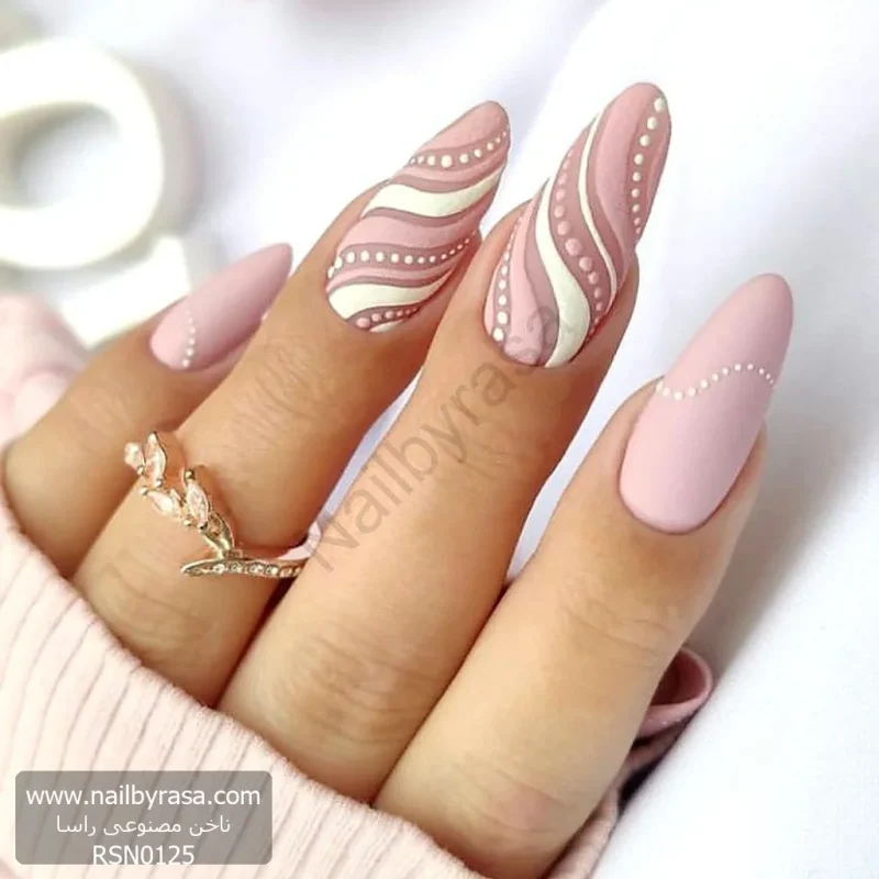 ناخن مصنوعی راسا مدل صورتی طرح خط و نقطه شیک