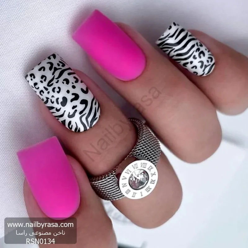 ناخن مصنوعی راسا مدل صورتی طرح پلنگی گورخری