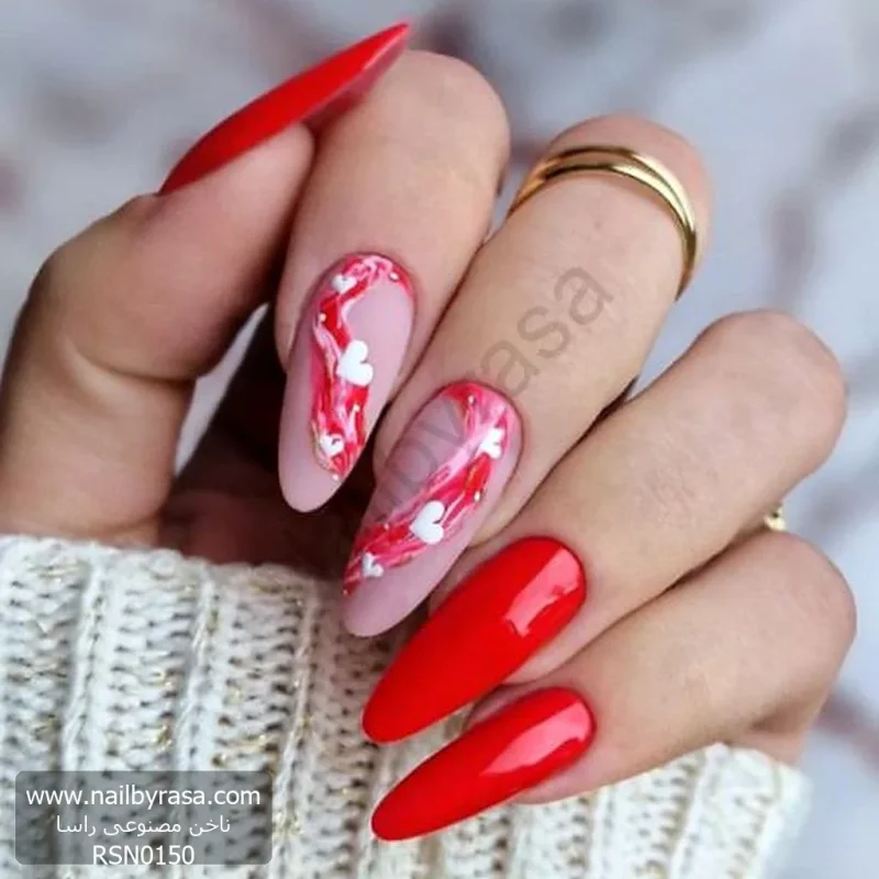 ناخن مصنوعی راسا مدل قرمز طرح ماربل و قلب