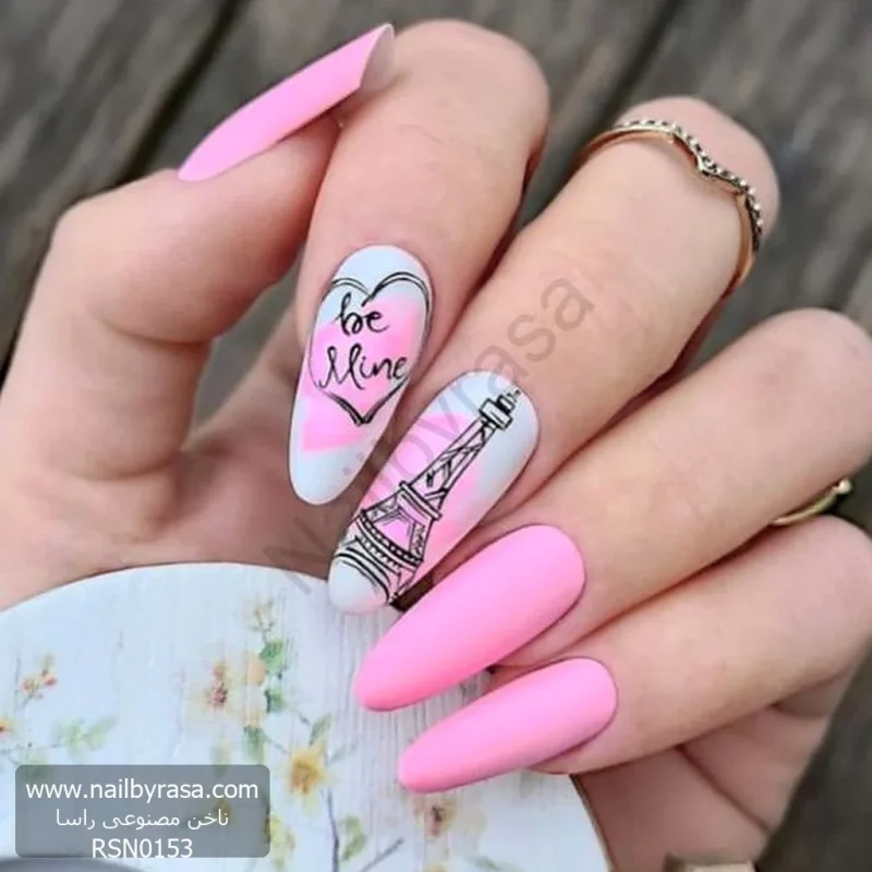 ناخن مصنوعی راسا مدل صورتی طرح برج ایفل