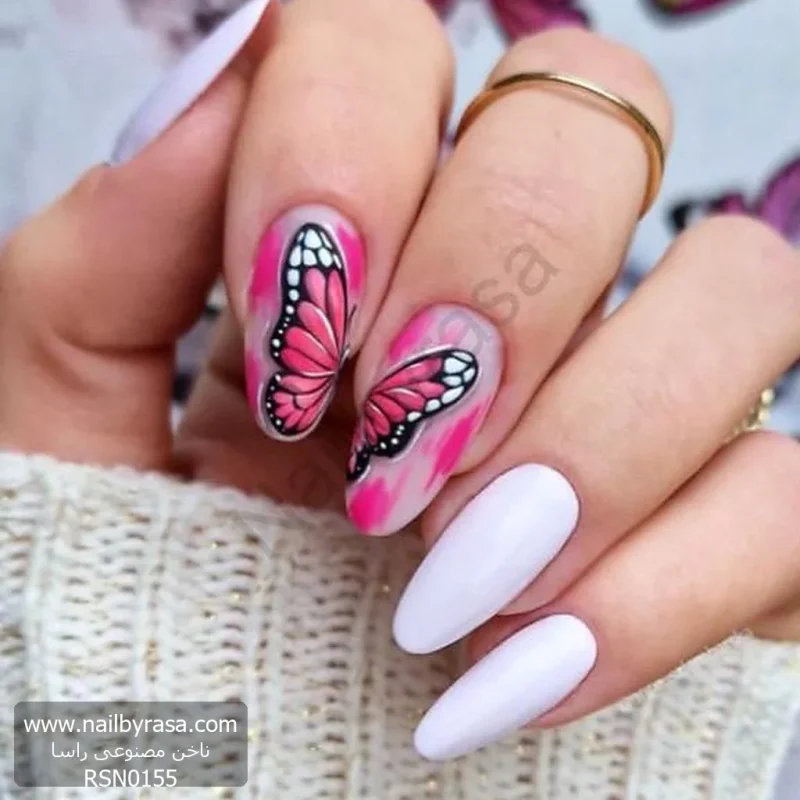 ناخن مصنوعی راسا مدل سفید پروانه سرخابی