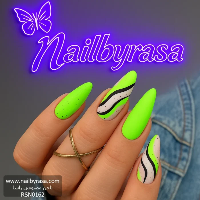ناخن مصنوعی راسا مدل سبز طرح خطی مینیمال