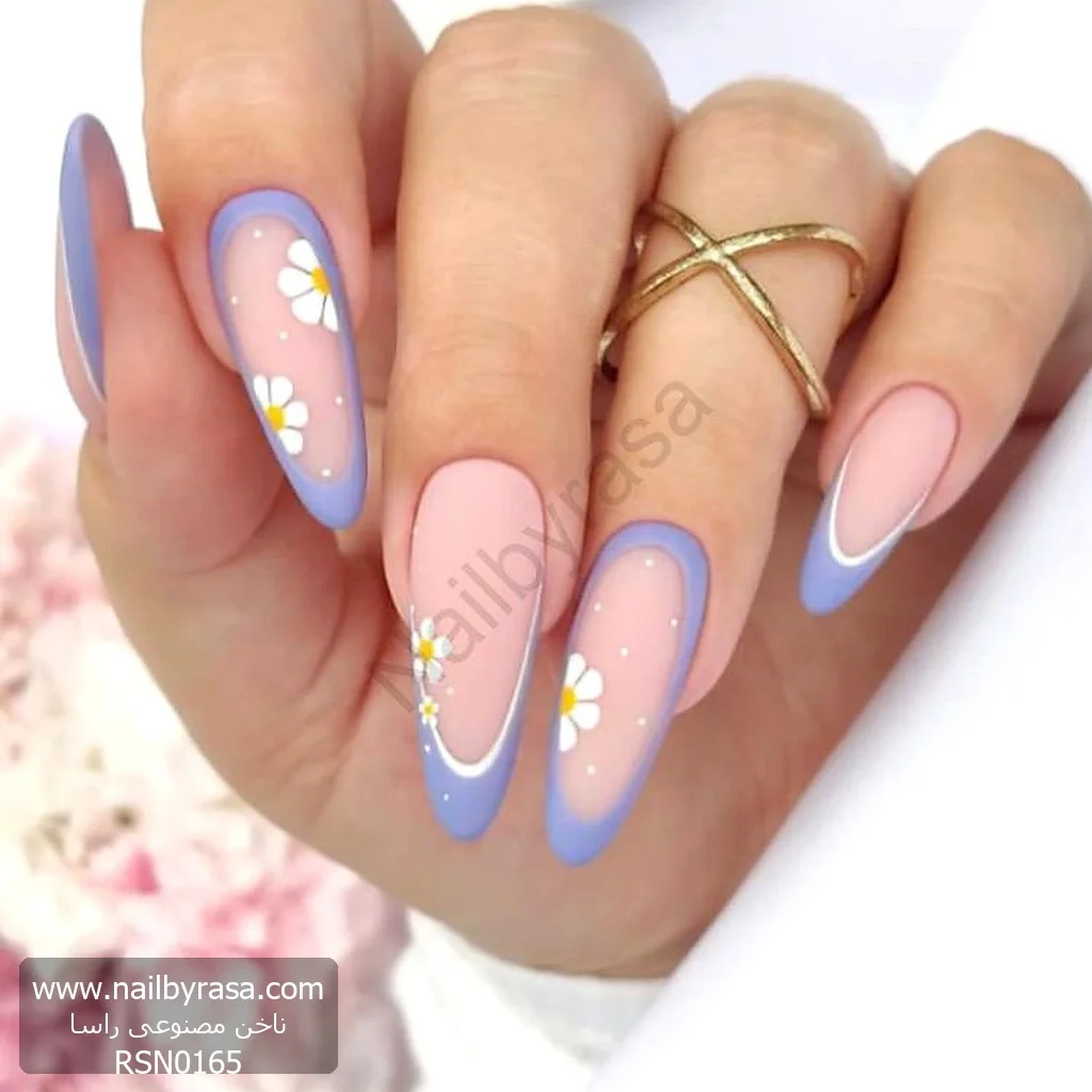 RSN0165-1 ناخن مصنوعی راسا مدل آبی طرح فرنچ و گل بابونه