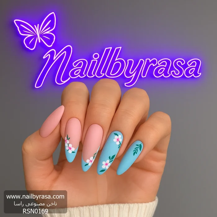 ناخن مصنوعی راسا مدل آبی طرح گل سفید