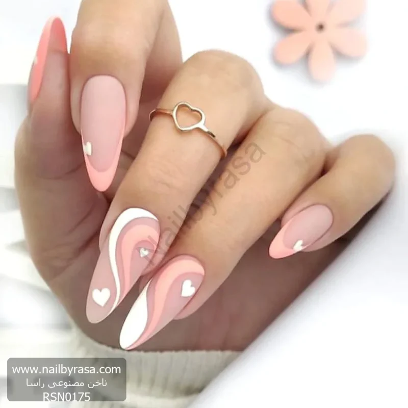 ناخن مصنوعی راسا مدل صورتی سفید طرح قلب و خط